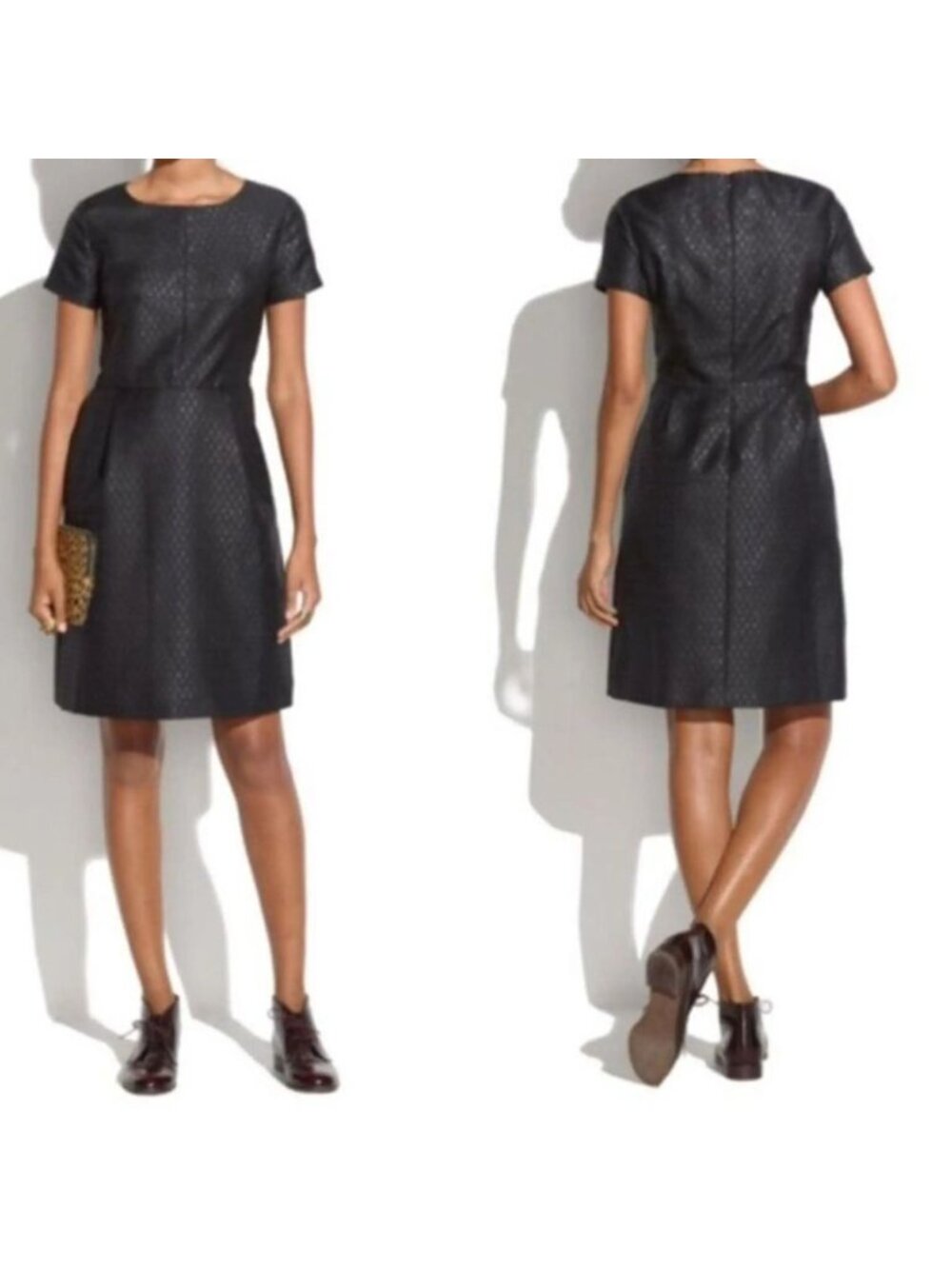 Madewell Black Jacquard Brocade Shimmer Metallic Sheath Dress Pockets Size 8